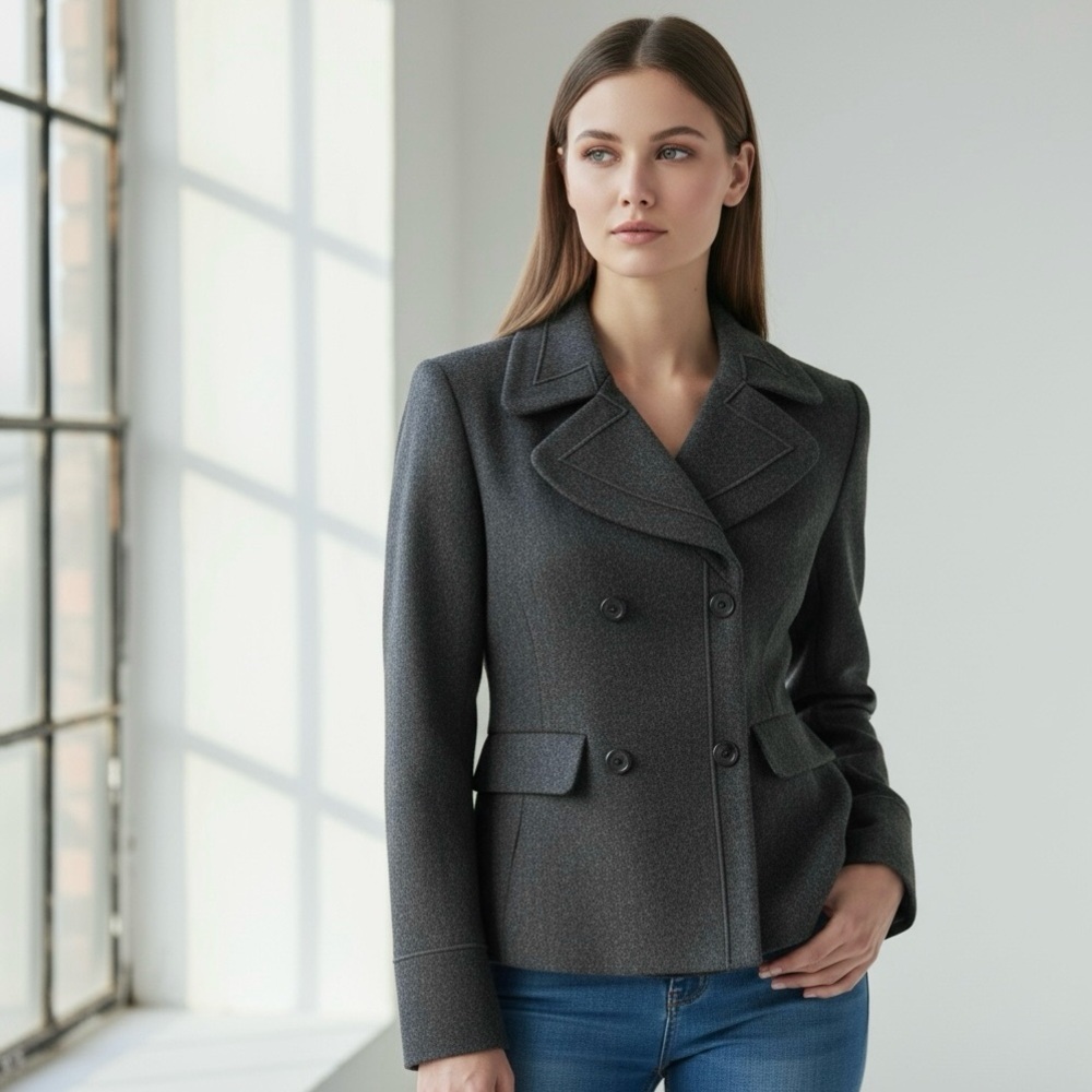 🌻Harve Benard Classic Grey Wool Blend Double Breasted Cropped Pea Blazer Coat 6 - Picture 2 of 12